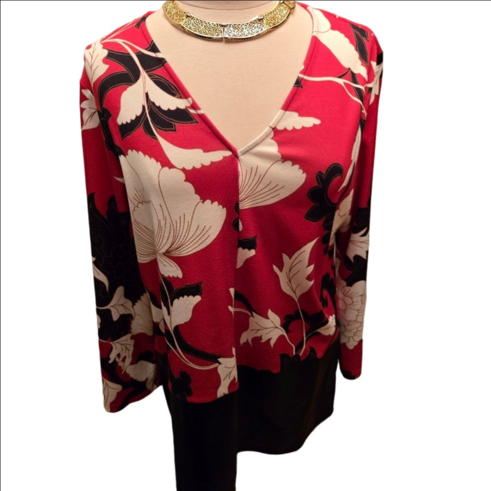Natori Floral Blouse – Faux Leather Hem Red Black Cream Tunic